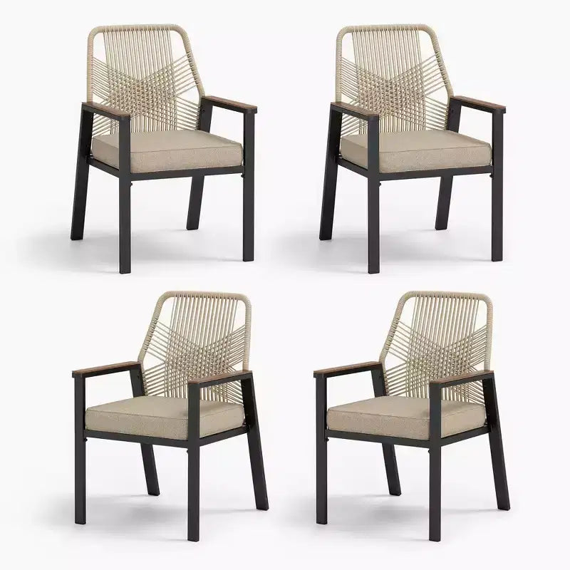 Captiva Designs 7pc Outdoor Dining Rectangular Slat-top Steel Table & Beige Rattan Fixed Chairs
