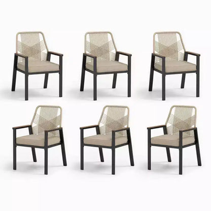 Captiva Designs 7pc Outdoor Dining Rectangular Slat-top Steel Table & Beige Rattan Fixed Chairs