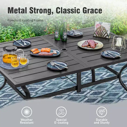 Captiva Designs 7pc Outdoor Dining Rectangular Slat-top Steel Table & Beige Rattan Fixed Chairs
