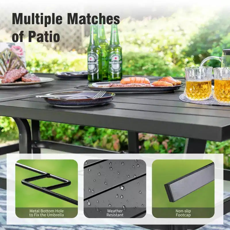 Captiva Designs 7pc Outdoor Dining Rectangular Slat-top Steel Table & Beige Rattan Fixed Chairs