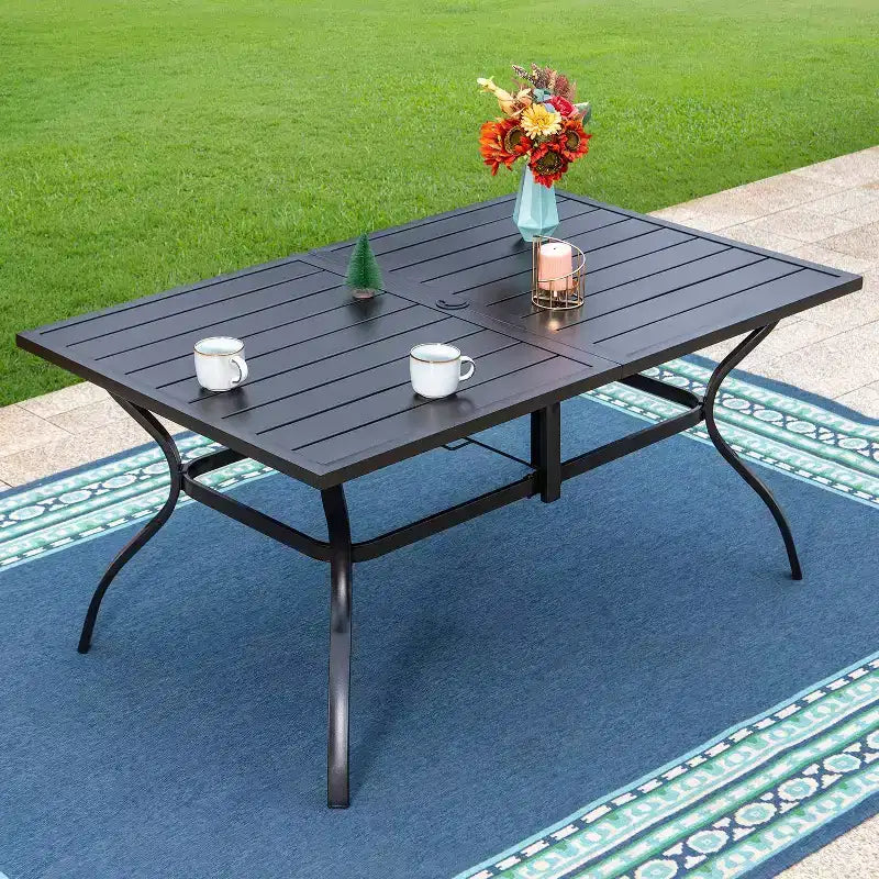 Captiva Designs 7pc Outdoor Dining Rectangular Slat-top Steel Table & Beige Rattan Fixed Chairs