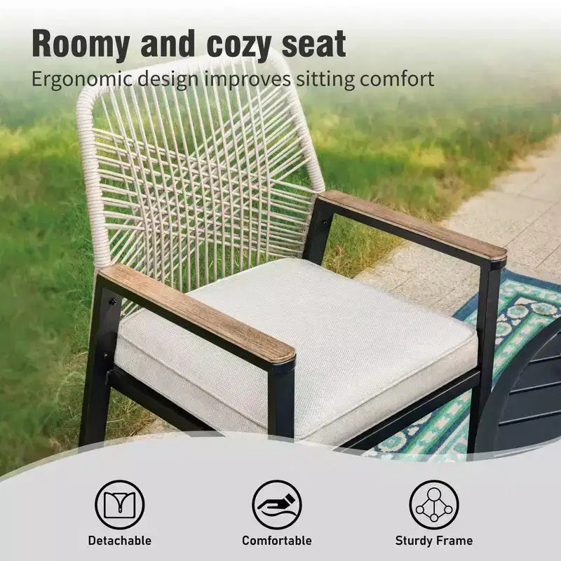 Captiva Designs 7pc Outdoor Dining Rectangular Slat-top Steel Table & Beige Rattan Fixed Chairs