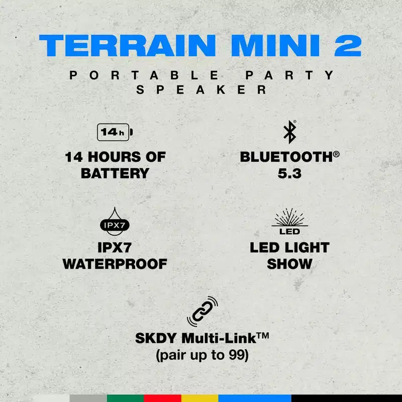 Altoparlante Bluetooth Wireless Skullcandy Terrain Mini 2, Resistenza all'Acqua IPX7, Batteria da 14H, Multi-Link, Spettacolo di Luci LED, Portatile, Nero