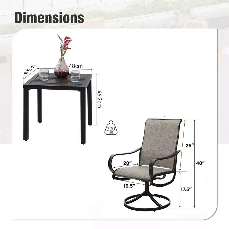Captiva Designs 3pc Patio Square Bistro Table & Grayish Brown Textilene Sling Swivel Chairs