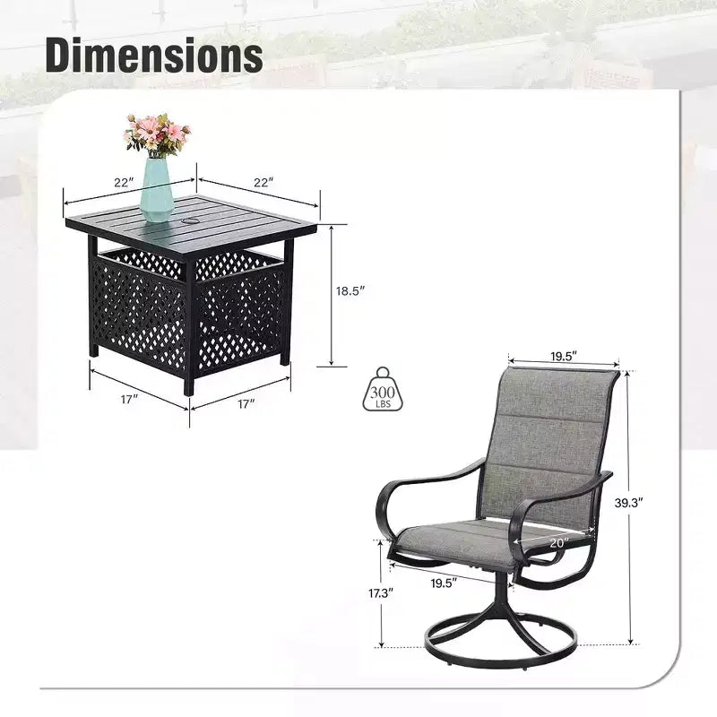 Captiva Designs 3pc Patio Square Bistro Table & Grayish Brown Textilene Sling Swivel Chairs
