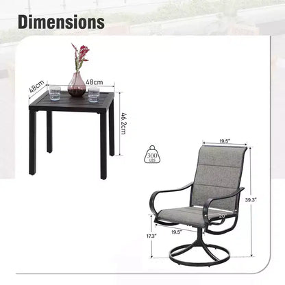 Captiva Designs 3pc Patio Square Bistro Table & Grayish Brown Textilene Sling Swivel Chairs