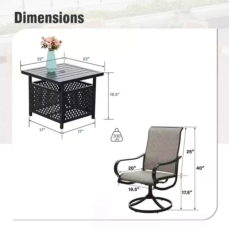 Captiva Designs 3pc Patio Square Bistro Table & Grayish Brown Textilene Sling Swivel Chairs