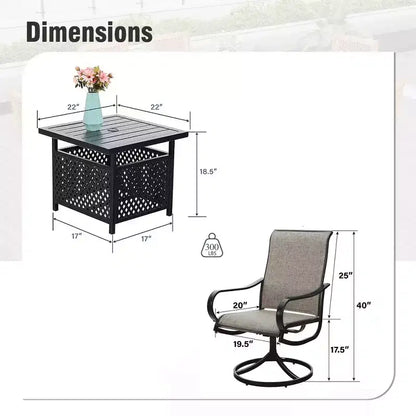 Captiva Designs 3pc Patio Square Bistro Table & Grayish Brown Textilene Sling Swivel Chairs