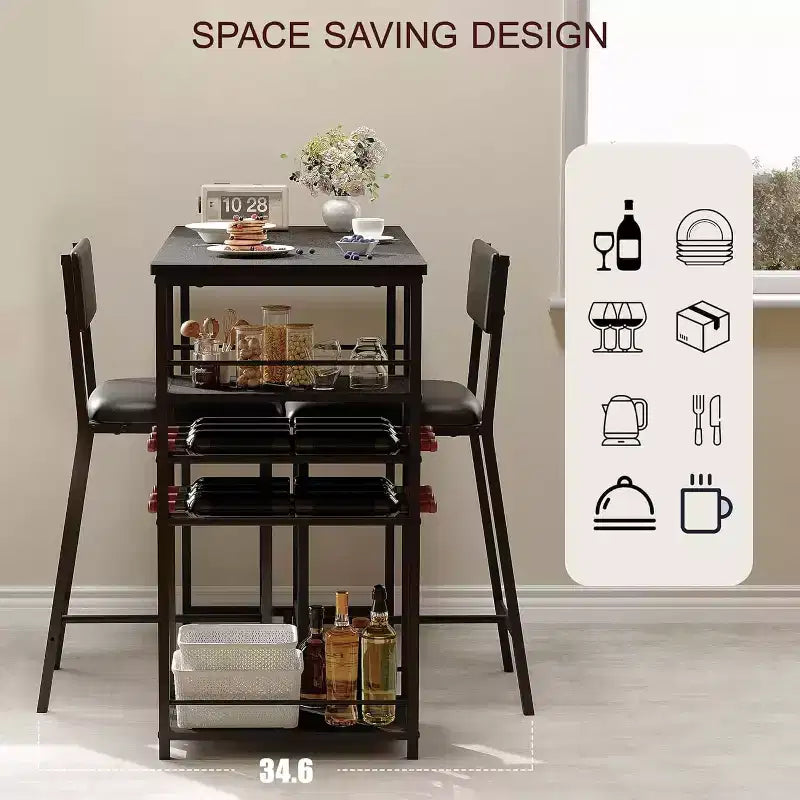 Fulvari Set for 2 Dining Table with Open Storage Shelves, Cup Holder & Wine Rack, Bar Table and Chair for Apartments Kitchen Corners Small Space