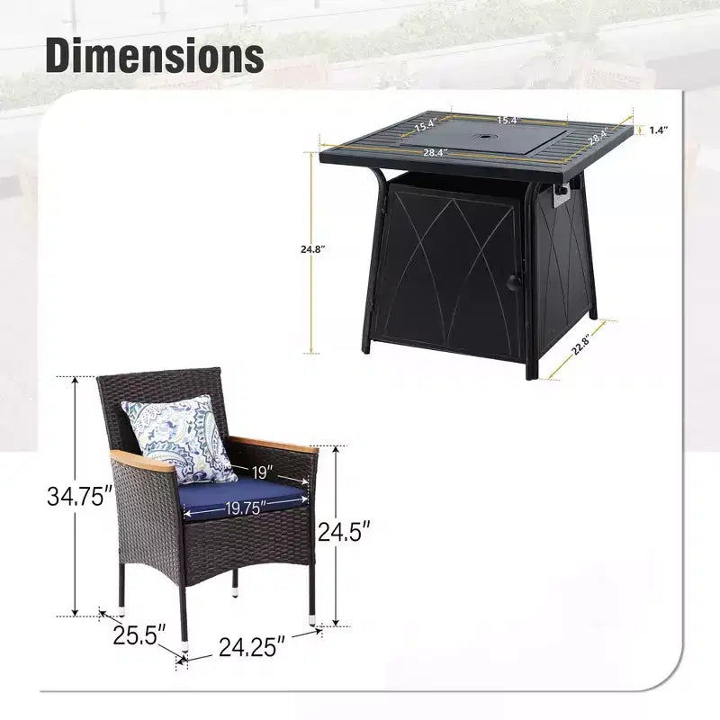 Captiva Designs Set da pranzo da 5 pezzi per esterni con tavolo quadrato a buca per il fuoco in acciaio e sedie con braccioli in metallo