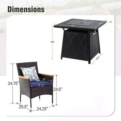 Captiva Designs Set da pranzo da 5 pezzi per esterni con tavolo quadrato a buca per il fuoco in acciaio e sedie con braccioli in metallo