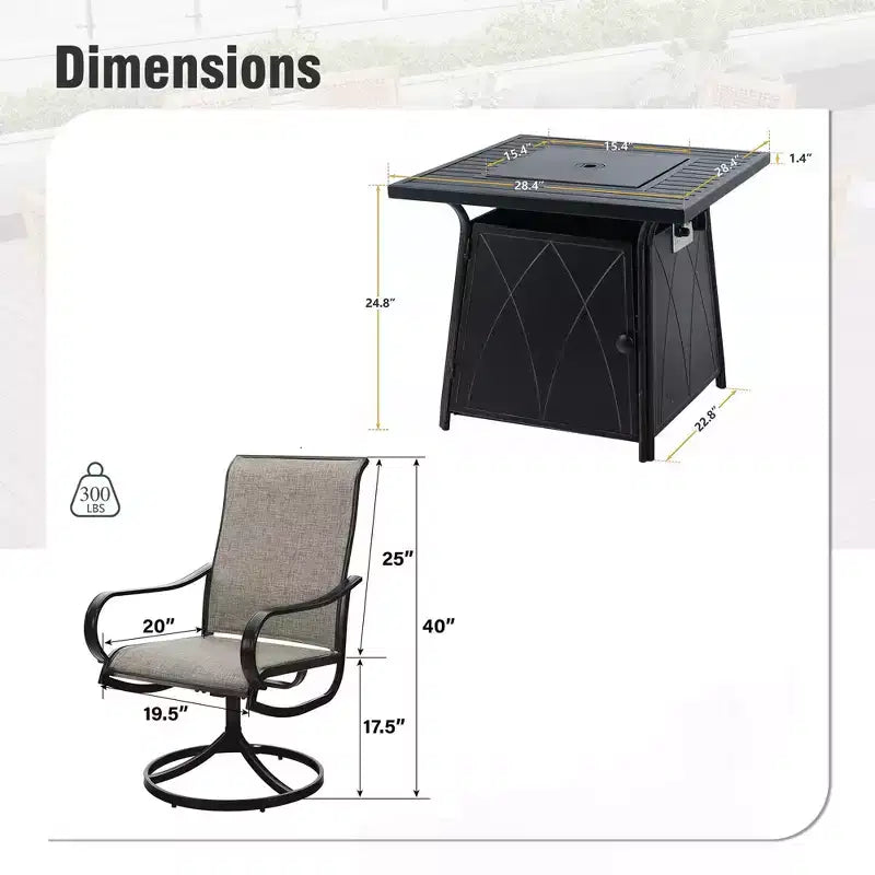 Captiva Designs Set da pranzo da 5 pezzi per esterni con tavolo quadrato a buca per il fuoco in acciaio e sedie con braccioli in metallo