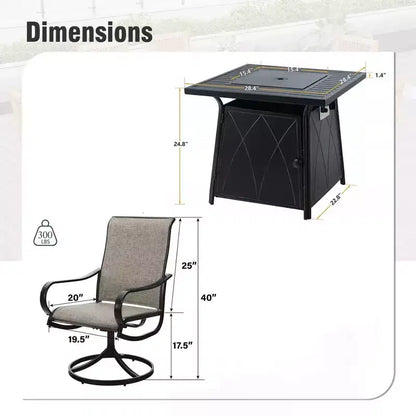 Captiva Designs Set da pranzo da 5 pezzi per esterni con tavolo quadrato a buca per il fuoco in acciaio e sedie con braccioli in metallo