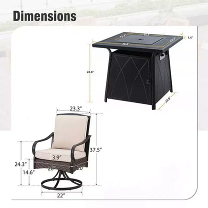 Captiva Designs Set da pranzo da 5 pezzi per esterni con tavolo quadrato a buca per il fuoco in acciaio e sedie con braccioli in metallo