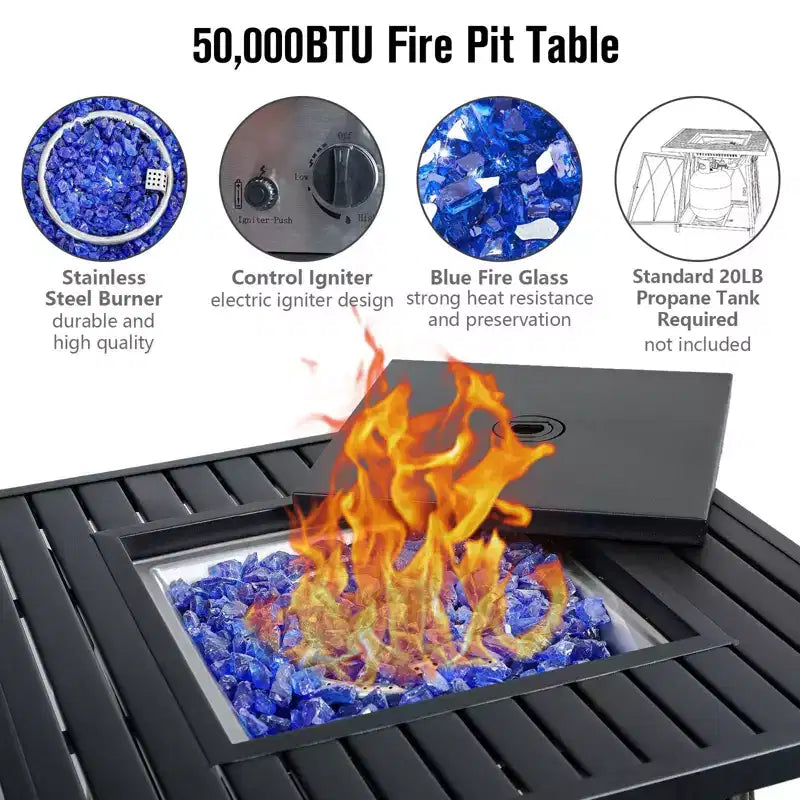 Captiva Designs Set da pranzo da 5 pezzi per esterni con tavolo quadrato a buca per il fuoco in acciaio e sedie con braccioli in metallo
