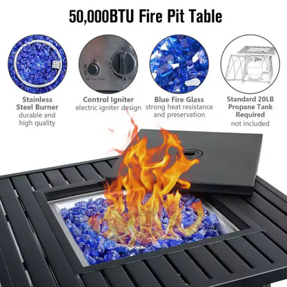 Captiva Designs Set da pranzo da 5 pezzi per esterni con tavolo quadrato a buca per il fuoco in acciaio e sedie con braccioli in metallo
