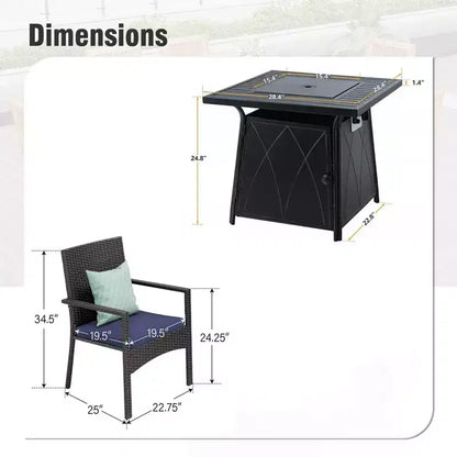 Captiva Designs Set da pranzo da 5 pezzi per esterni con tavolo quadrato a buca per il fuoco in acciaio e sedie con braccioli in metallo