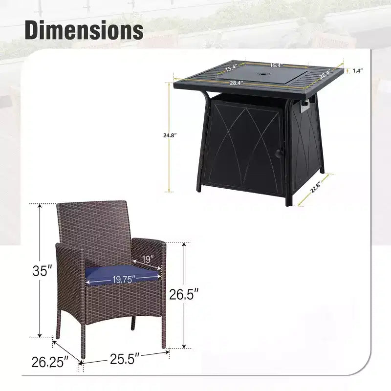 Captiva Designs Set da pranzo da 5 pezzi per esterni con tavolo quadrato a buca per il fuoco in acciaio e sedie con braccioli in metallo