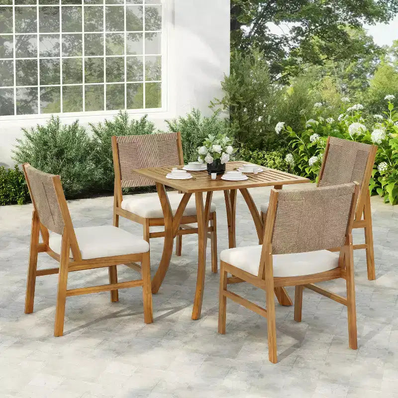 Christopher Knight Home Isidora 5 Piece Patio Rustic Acacia Wood Dining Set with Wicker Woven Chair