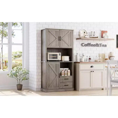 Modern Kitchen Sideboard with Microwave Stand, Tall Wooden Bar Cabinet with Drawers and Adjustable Shelves for Dining and Living Room, Pastoral Grey