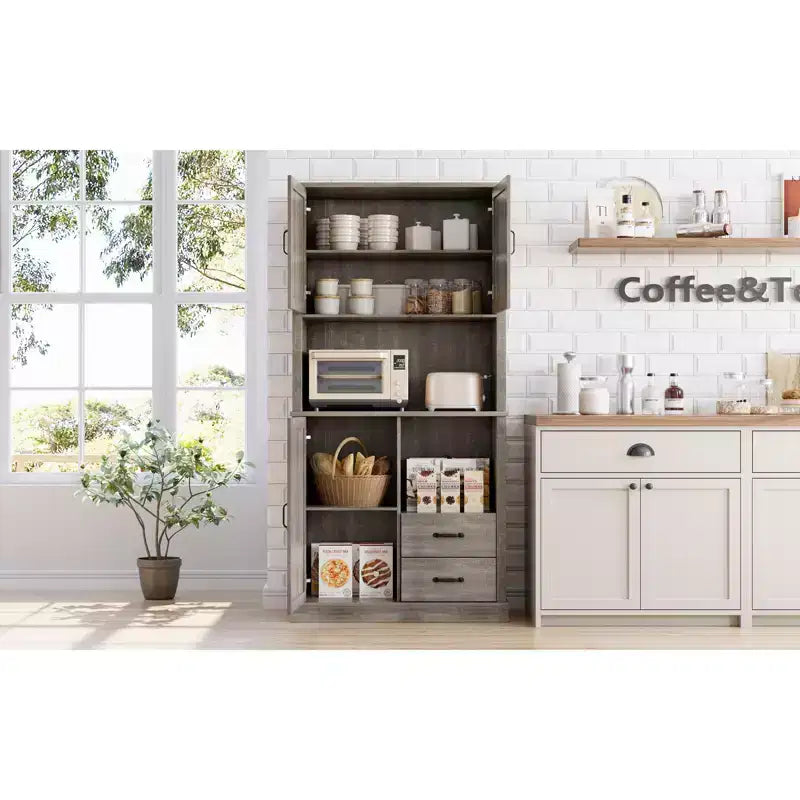 Modern Kitchen Sideboard with Microwave Stand, Tall Wooden Bar Cabinet with Drawers and Adjustable Shelves for Dining and Living Room, Pastoral Grey