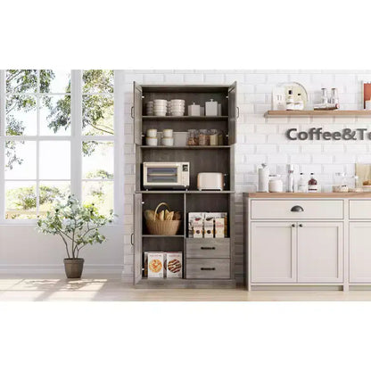 Modern Kitchen Sideboard with Microwave Stand, Tall Wooden Bar Cabinet with Drawers and Adjustable Shelves for Dining and Living Room, Pastoral Grey