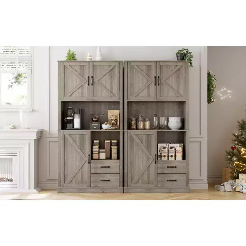 Modern Kitchen Sideboard with Microwave Stand, Tall Wooden Bar Cabinet with Drawers and Adjustable Shelves for Dining and Living Room, Pastoral Grey
