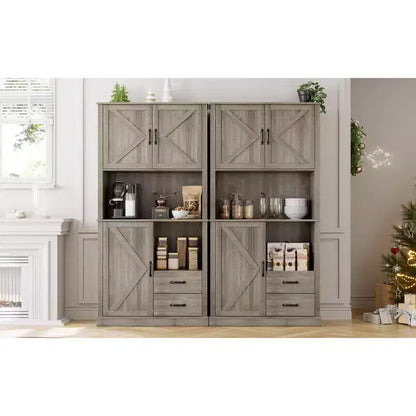 Modern Kitchen Sideboard with Microwave Stand, Tall Wooden Bar Cabinet with Drawers and Adjustable Shelves for Dining and Living Room, Pastoral Grey