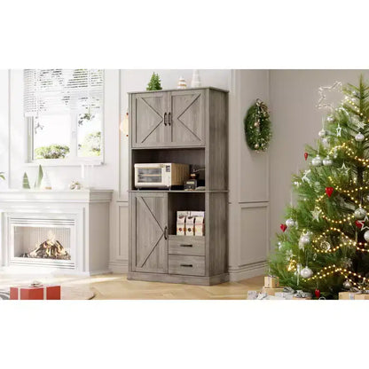 Modern Kitchen Sideboard with Microwave Stand, Tall Wooden Bar Cabinet with Drawers and Adjustable Shelves for Dining and Living Room, Pastoral Grey