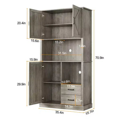 Modern Kitchen Sideboard with Microwave Stand, Tall Wooden Bar Cabinet with Drawers and Adjustable Shelves for Dining and Living Room, Pastoral Grey