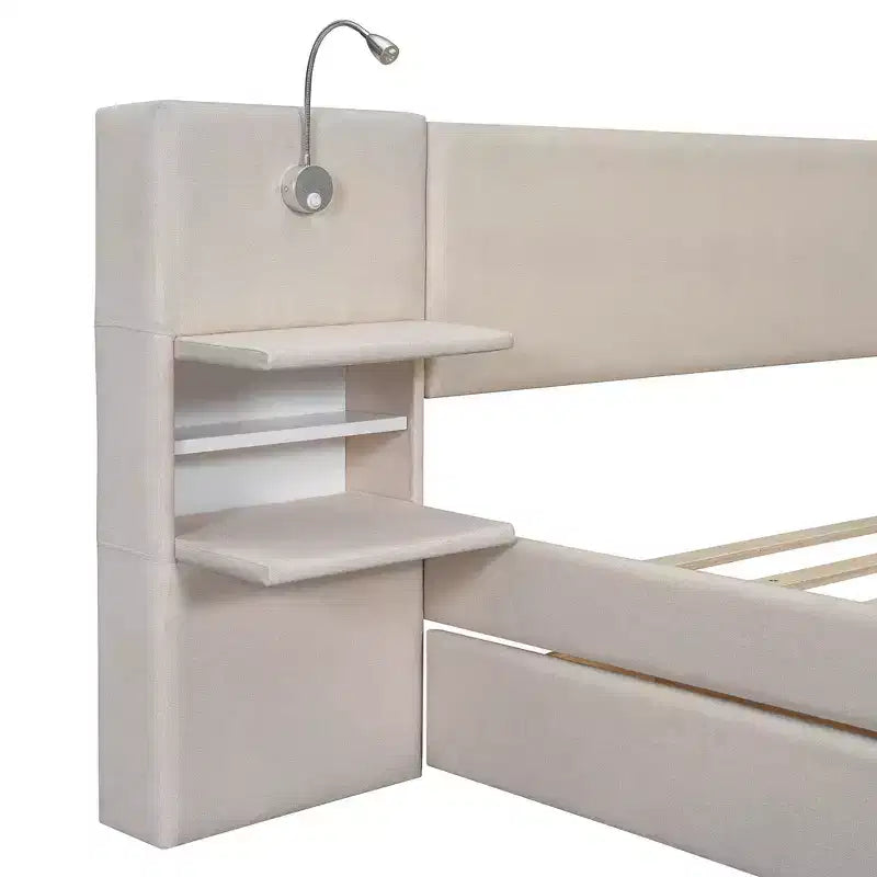 Whisen Upholstered Queen Platform Bed with Storage Drawers, Shelves, Trundle & Reading Lights