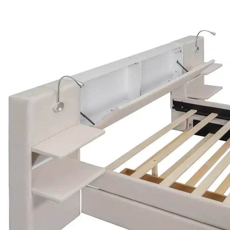 Whisen Upholstered Queen Platform Bed with Storage Drawers, Shelves, Trundle & Reading Lights