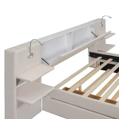 Whisen Upholstered Queen Platform Bed with Storage Drawers, Shelves, Trundle & Reading Lights