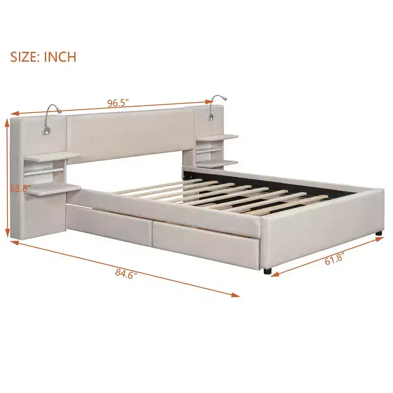 Whisen Upholstered Queen Platform Bed with Storage Drawers, Shelves, Trundle & Reading Lights