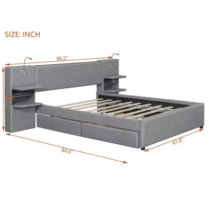 Whisen Upholstered Queen Platform Bed with Storage Drawers, Shelves, Trundle & Reading Lights
