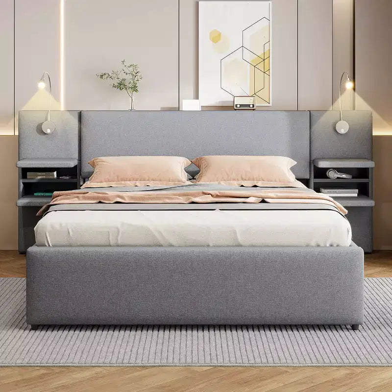 Whisen Upholstered Queen Platform Bed with Storage Drawers, Shelves, Trundle & Reading Lights