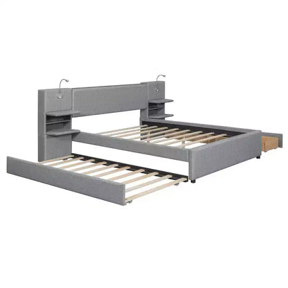 Whisen Upholstered Queen Platform Bed with Storage Drawers, Shelves, Trundle & Reading Lights
