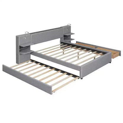 Whisen Upholstered Queen Platform Bed with Storage Drawers, Shelves, Trundle & Reading Lights