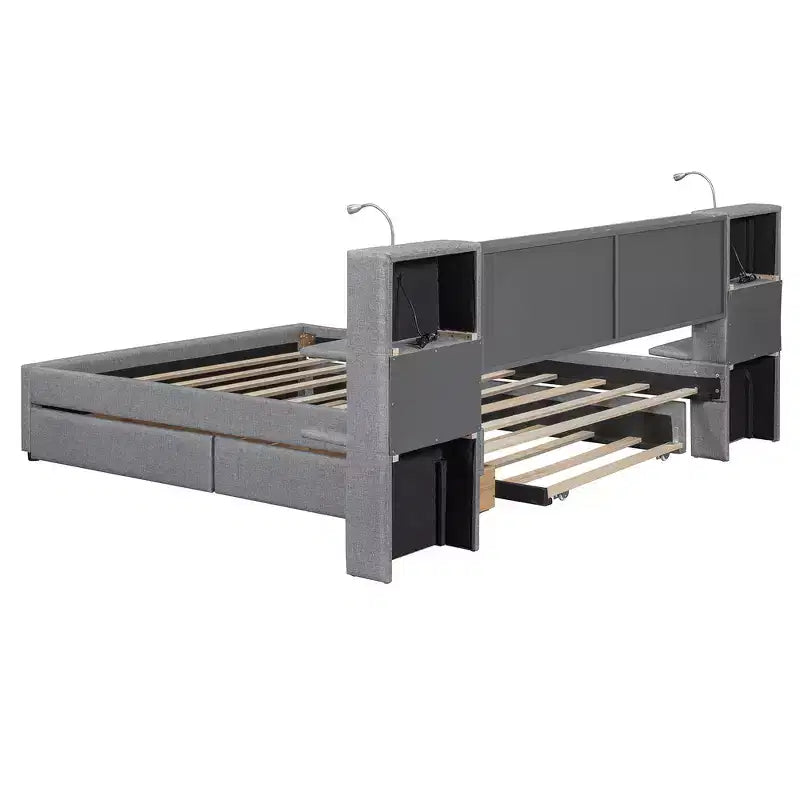 Whisen Upholstered Queen Platform Bed with Storage Drawers, Shelves, Trundle & Reading Lights