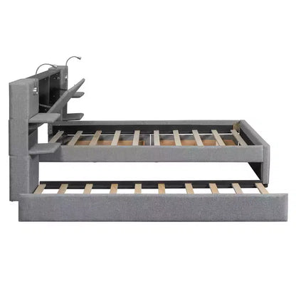 Whisen Upholstered Queen Platform Bed with Storage Drawers, Shelves, Trundle & Reading Lights