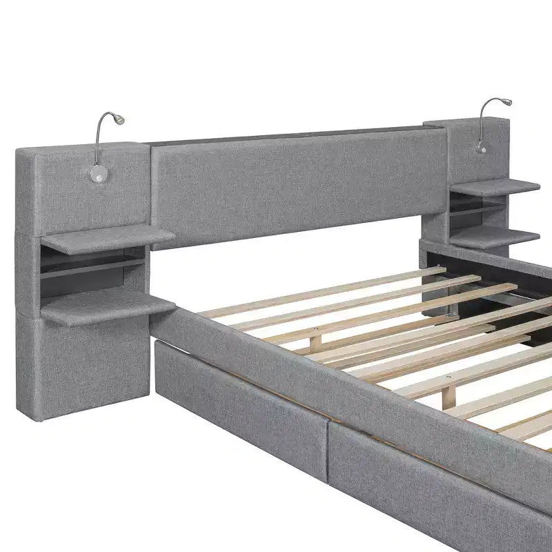 Whisen Upholstered Queen Platform Bed with Storage Drawers, Shelves, Trundle & Reading Lights