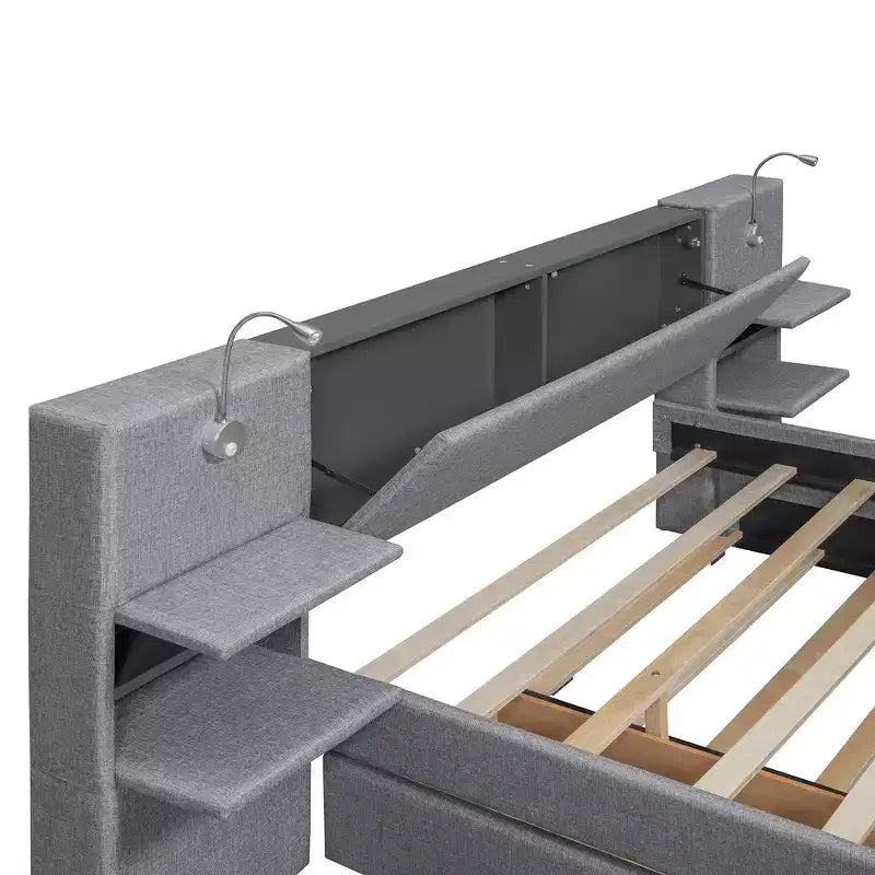 Whisen Upholstered Queen Platform Bed with Storage Drawers, Shelves, Trundle & Reading Lights