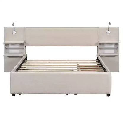 Whisen Upholstered Queen Platform Bed with Storage Drawers, Shelves, Trundle & Reading Lights