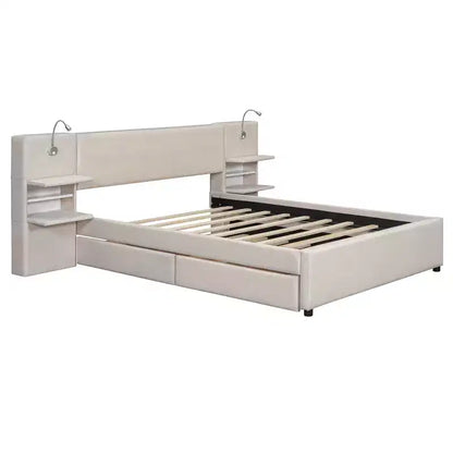 Whisen Upholstered Queen Platform Bed with Storage Drawers, Shelves, Trundle & Reading Lights