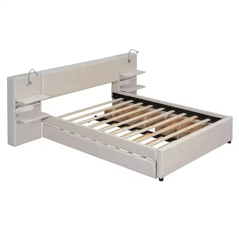 Whisen Upholstered Queen Platform Bed with Storage Drawers, Shelves, Trundle & Reading Lights
