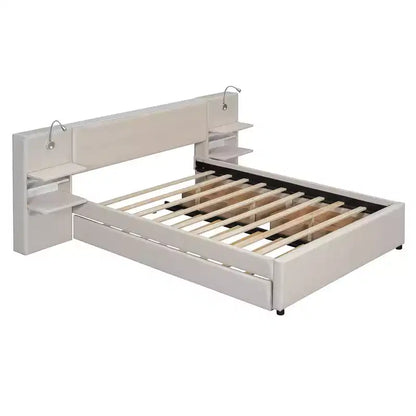 Whisen Upholstered Queen Platform Bed with Storage Drawers, Shelves, Trundle & Reading Lights