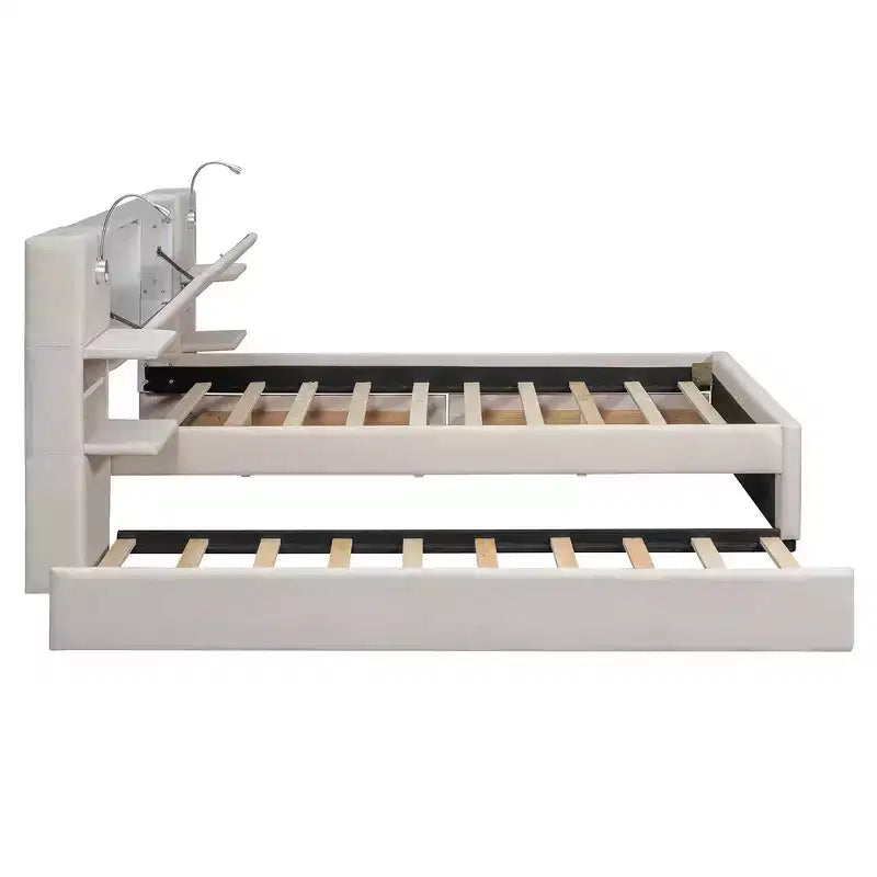Whisen Upholstered Queen Platform Bed with Storage Drawers, Shelves, Trundle & Reading Lights