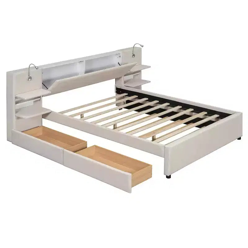 Whisen Upholstered Queen Platform Bed with Storage Drawers, Shelves, Trundle & Reading Lights