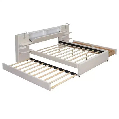 Whisen Upholstered Queen Platform Bed with Storage Drawers, Shelves, Trundle & Reading Lights