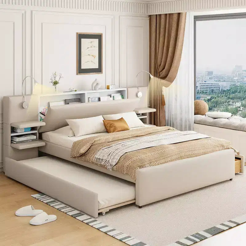 Whisen Upholstered Queen Platform Bed with Storage Drawers, Shelves, Trundle & Reading Lights